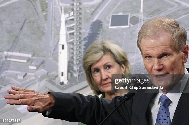 Sen. Ben Nelson speak during a news conference to introduce the design of the new Space Launch System with U.S. Sen. Kay Bailey Hutchison on Capitol...
