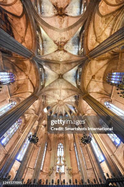 columns and vaulted ceiling of barcelona cathedral with stained glass windows in barcelona's gothic quarter, catalonia, spain - ábside imagens e fotografias de stock