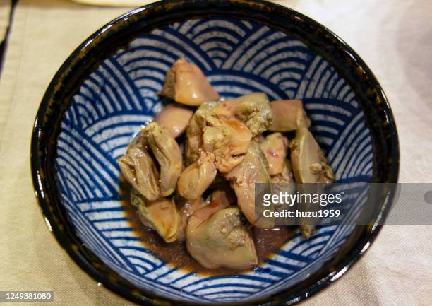 soy sauce taste chicken liver of vacuum packed pouch cooking (sous-vide) - liver offal stock pictures, royalty-free photos & images