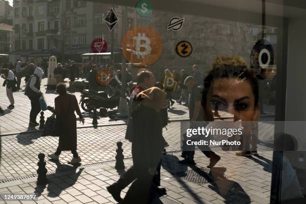 Reflection from the Bitcoin office in Istanbul, Turkey on March 24, 2023. Bitcoin, which has reached its highest level in recent months, rose to...