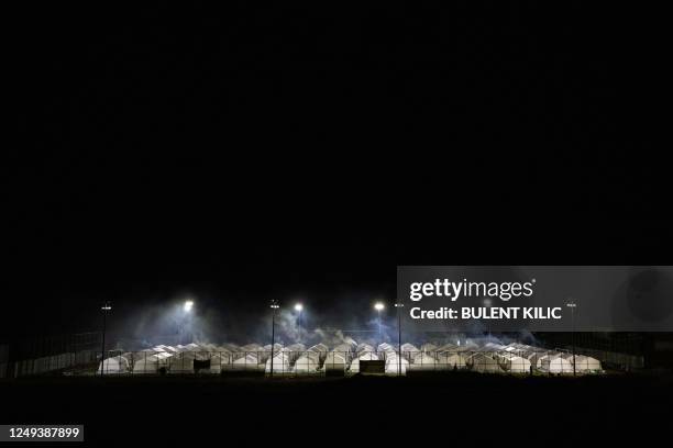 This photograph taken on March 24 shows the tents of displaced people after a 7.8 magnitude earthquake hit the region at the beginning of February...