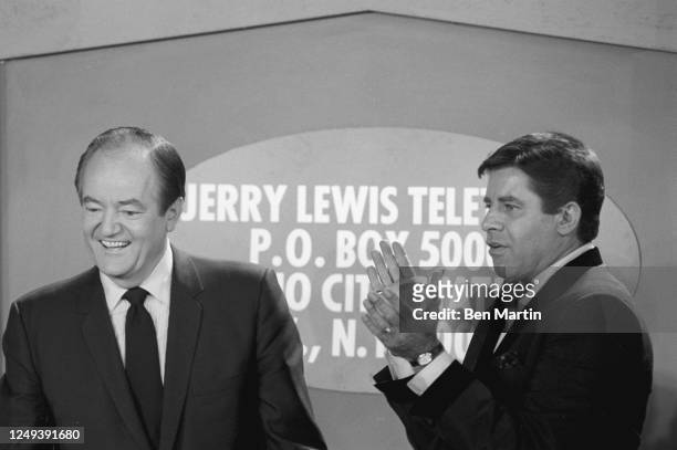 American politician Hubert Humphrey and American comedian, actor, singer Jerry Lewis appearing on the "Jerry Lewis MDA Telethon ", 1968.