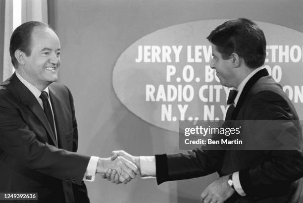 American politician Hubert Humphrey and American comedian, actor, singer Jerry Lewis appearing on the "Jerry Lewis MDA Telethon ", 1968.