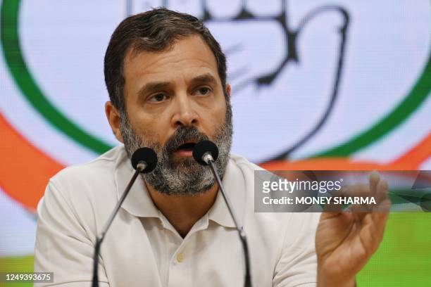 Congress party leader Rahul Gandhi gestures as he speaks during a press conference in New Delhi on March 25 after being disqualified as a member of...