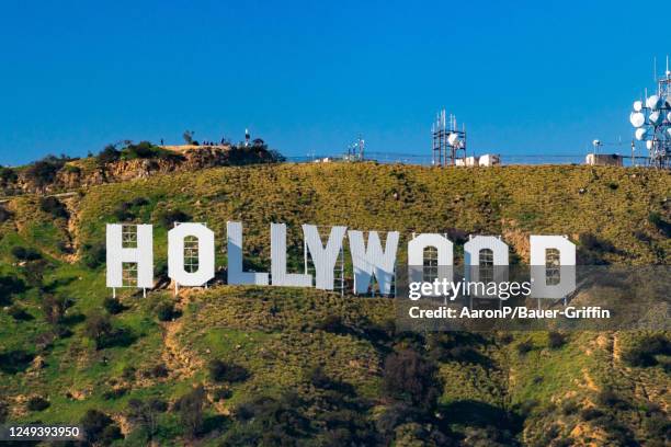 General views of the Hollywood Sign surrounded by greenery after recent rains on March 24, 2023 in Hollywood, California.