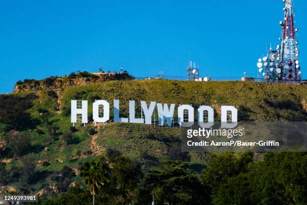 General views of the Hollywood Sign surrounded by greenery after recent rains on March 24, 2023 in Hollywood, California.