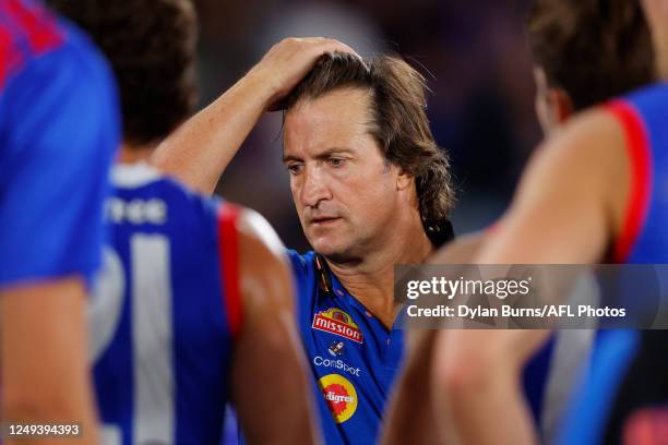 Luke Beveridge, Senior Coach of the Bulldogs is seen during the 2023 AFL Round 02 match between the Western Bulldogs and the St Kilda Saints at...