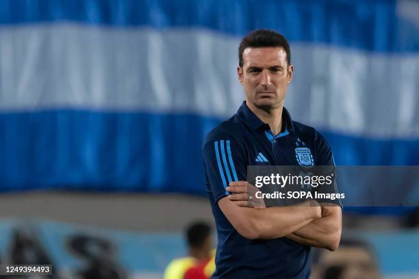 Lionel Scaloni head coach of Argentina looks on during an international friendly match between Argentina and Panama at Estadio Mas Monumental Antonio...