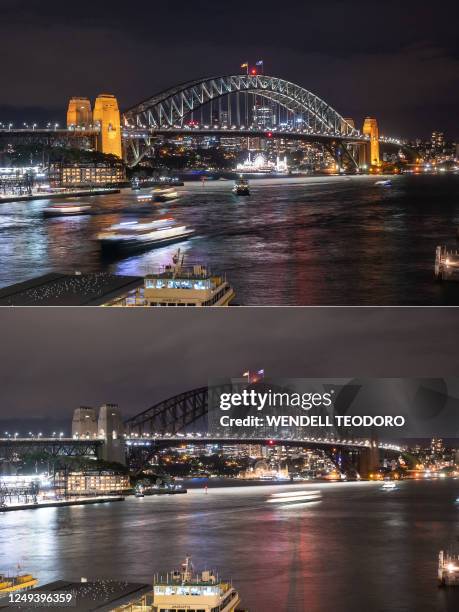 This combination of photographs shows the Sydney Harbour Bridge with its lights switched off during the Earth Hour environmental campaign and after...