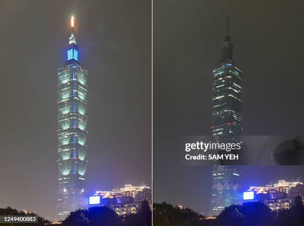 This combination of photographs shows Taipei 101, a 508-meter high commercial building, with the lights on and turned off during the Earth Hour...