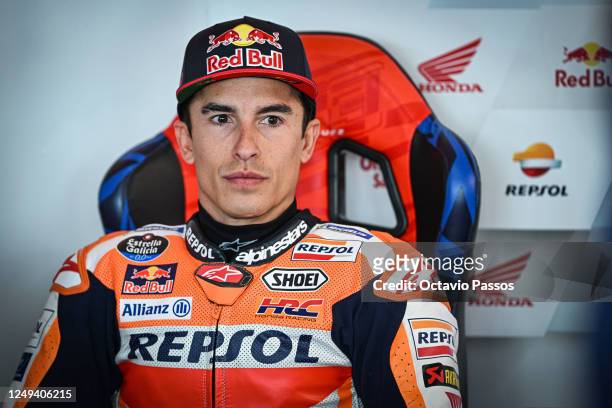 Marc Marquez of Spain in the Repsol Honda Team box during the MotoGP Of Portugal - Qualifying at Autodromo Internacional do Algarve on March 25, 2023...