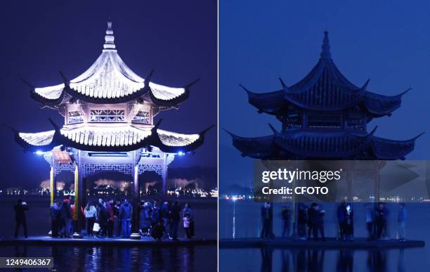 Photo taken on March 25, 2023 shows the Jixian Pavilion and the Jixian Pavilion before the lights were turned off at the West Lake scenic spot in...