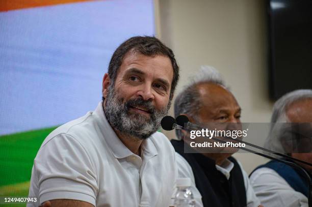 India's main opposition leader of Indian National Congress, Rahul Gandhi, reacts during his press conference in New Delhi, India on March 25, 2023....