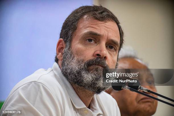 India's main opposition leader of Indian National Congress, Rahul Gandhi, can be seen in his press conference in New Delhi, India on March 25, 2023....