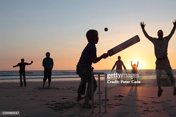 family playing cricket on beach at sunset - beach cricket stockfoto's en -beelden