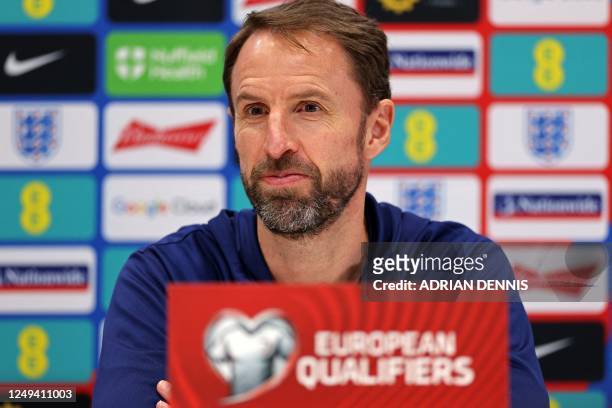England's manager Gareth Southgate attends an England press conference at the Tottenham Hotspur Football Club Training Ground, in Enfield, north...