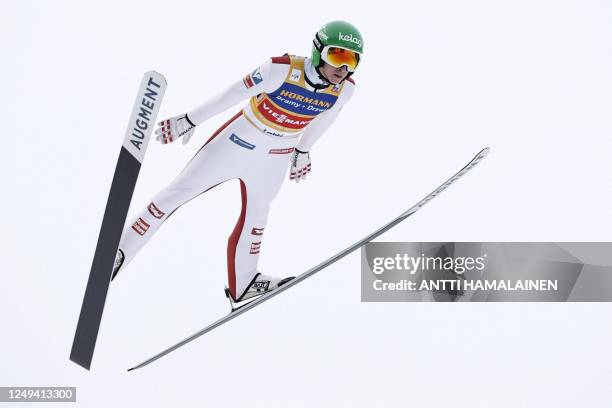 Daniel Tschofenig of Austria competes during the men's HS130 ski jumping team competition at the FIS Nordic World Cup Lahti Ski Games in Lahti,...