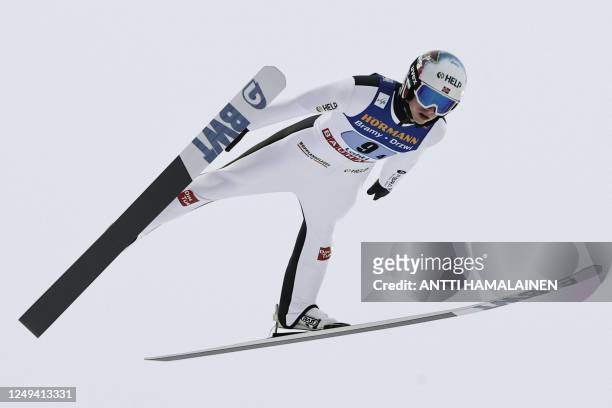 Egner Halvor Granerud of Norway competes during the men's HS130 ski jumping team competition at the FIS Nordic World Cup Lahti Ski Games in Lahti,...