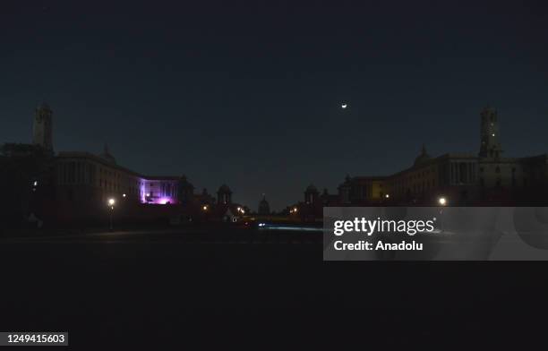 General view of the Rashtrapati Bhavan, the official residence of the President of India, after the lights are switched off during the Earth Hour...