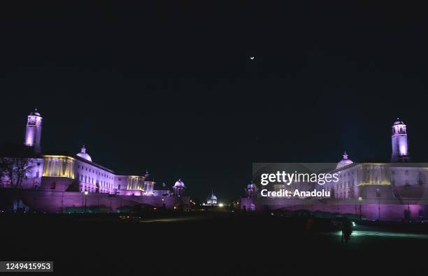 General view of the illuminated Rashtrapati Bhavan, the official residence of the President of India, before the lights are turned off in observance...