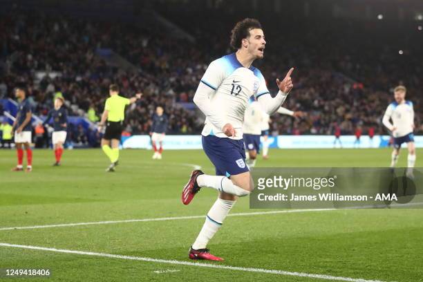 Curtis Jones of England Under 21s celebrates after scoring a goal to make it 3-0 during the international friendly between England Under 21s and...