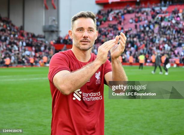 Fabio Aurelio of Liverpool Legends after the game at Anfield on March 25, 2023 in Liverpool, England.