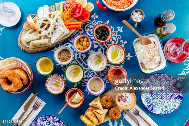directly above view of traditional turkish breakfast served with various mezze platters - turkish food stock pictures, royalty-free photos & images
