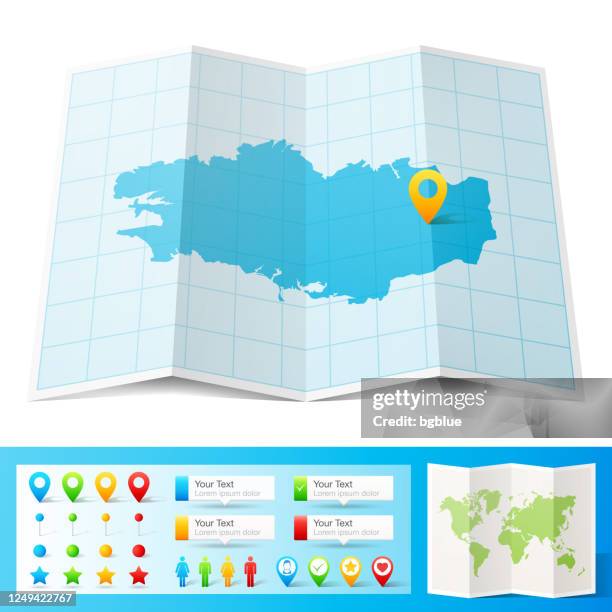 brittany map with location pins isolated on white background - folded map vector stock illustrations