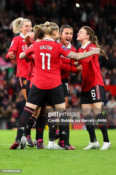 Katie Zelam of Manchester United Women celebrates after scoring a goal to make it 1-0 during the FA Women's Super League match between Manchester...