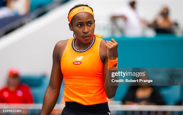 Coco Gauff of the United States in action against Anastasia Potapova in her third-round match on Day 7 of the Miami Open at Hard Rock Stadium on...