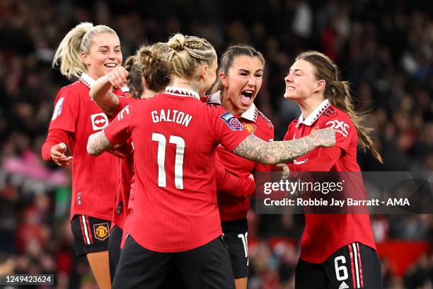 Katie Zelam of Manchester United Women celebrates after scoring a goal to make it 1-0 during the FA Women's Super League match between Manchester...