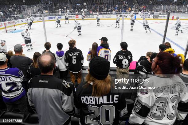 Los Angeles Kings fans look on during warm ups prior to the game against the Winnipeg Jets at Crypto.com Arena on March 25, 2023 in Los Angeles,...