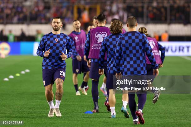 Marko Livaja of Croatia during the warmup before the start of the UEFA EURO 2024 qualifying round group D match between Croatia and Wales at Stadion...