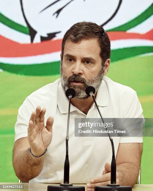Congress leader Rahul Gandhi addresses a press conference at the AICC headquarters, on March 24, 2023 in New Delhi, India. Rahul Gandhi said that he...