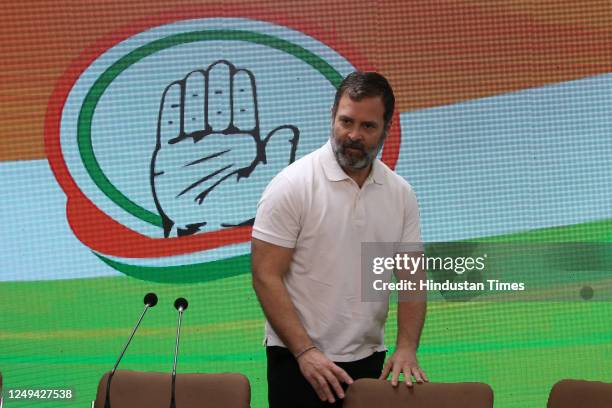 Congress leader Rahul Gandhi during a press conference at the AICC headquarters, on March 24, 2023 in New Delhi, India. Rahul Gandhi said that he...