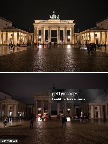 March 2023, International, Berlin: KOMBO - The lighting of the Brandenburg Gate is still switched on shortly before the start of the "Earth Hour"...