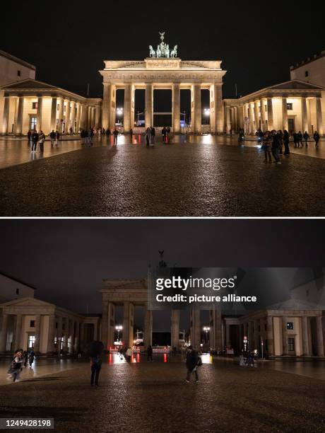 March 2023, International, Berlin: KOMBO - The lighting of the Brandenburg Gate is still switched on shortly before the start of the "Earth Hour"...