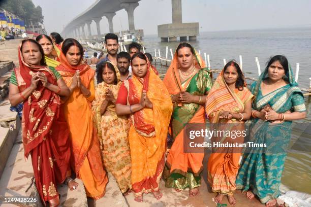 Chhath devotee perform rituals during 'Nahay-Khay' of Chaiti Chhath Puja at Gandhi Ghat on March 25, 2023 in Patna, India.