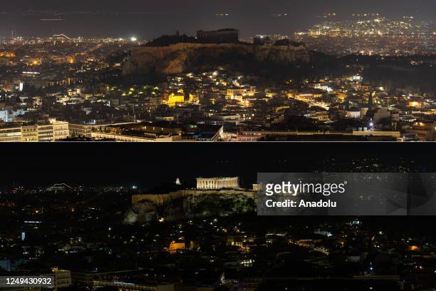 Collage shows the ancient Parthenon temple atop the Acropolis Hill before and during Earth Hour in Athens, Greece on March 25, 2023.