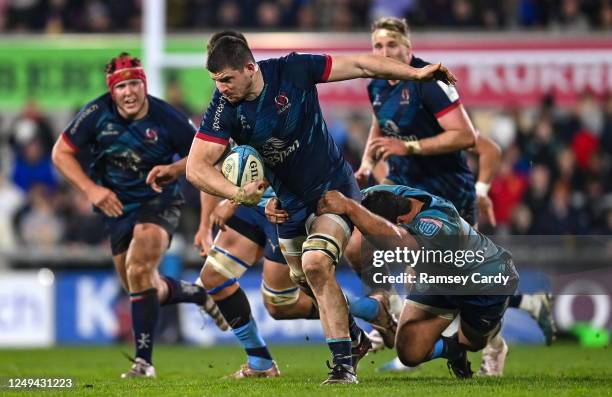 Belfast , United Kingdom - 25 March 2023; Nick Timoney of Ulster is tackled by Marco van Staden of Vodacom Bulls during the United Rugby Championship...