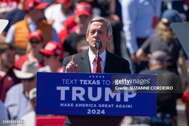 Southern Baptist pastor Robert Jeffress speaks at a 2024 campaign rally for former US President Donald Trump in Waco, Texas, March 25, 2023. - Trump...