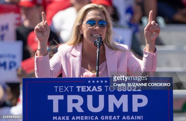 Republican Representative Marjorie Taylor Greene, from Georgia, speaks at a 2024 campaign rally for former US President Donald Trump in Waco, Texas,...