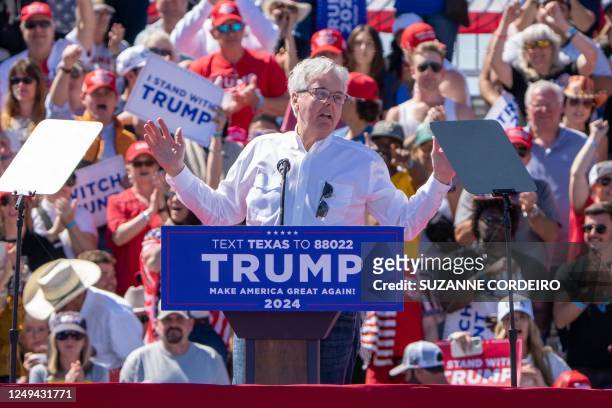Texas Lieutenant Governor Dan Patrick speaks at a 2024 campaign rally for former US President Donald Trump in Waco, Texas, March 25, 2023. - Trump...