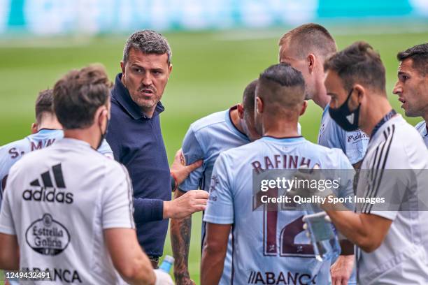 Oscar Garcia Junyent the manager of Celta de Vigo gives his team instructions during the Liga match between RC Celta de Vigo and Villarreal CF at...