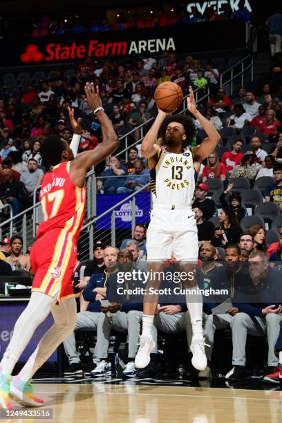 Jordan Nwora of the Indiana Pacers shoots the ball during the game against the Atlanta Hawks on March 25, 2023 at State Farm Arena in Atlanta,...