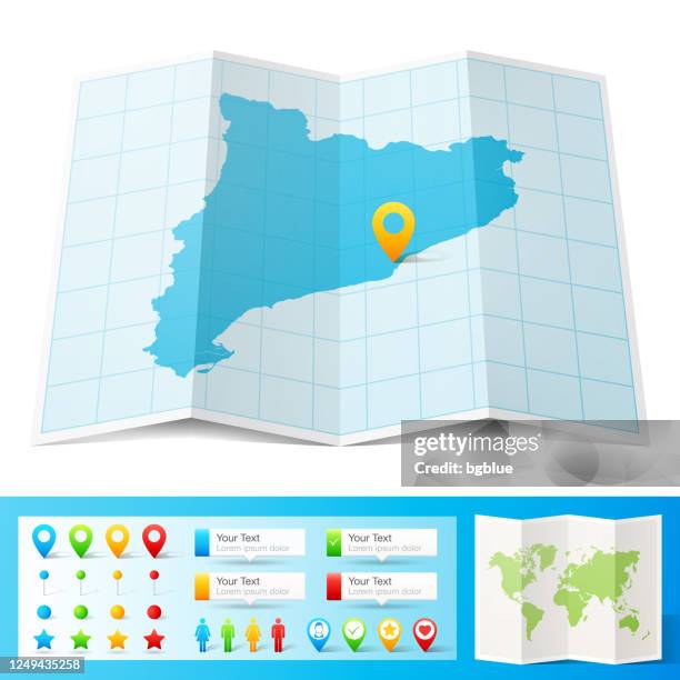 catalonia map with location pins isolated on white background - barcelona design stock illustrations