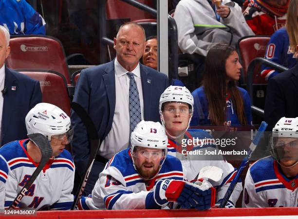 Head coach Gerard Gallant of the New York Rangers looks on during second period action against the Florida Panthers at the FLA Live Arena on March...