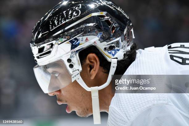 Quinton Byfield of the Los Angeles Kings looks on during the third period against the Winnipeg Jets at Crypto.com Arena on March 25, 2023 in Los...