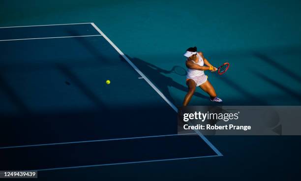 Claire Liu of the United States in action against Martina Trevisan of Italy in her third-round match on Day 7 of the Miami Open at Hard Rock Stadium...