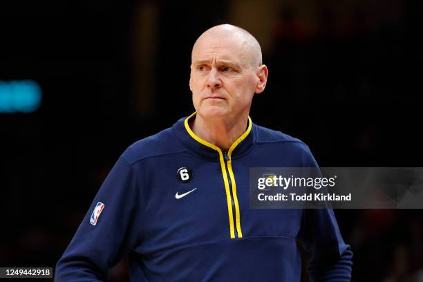 Head coach Rick Carlisle of the Indiana Pacers looks on during the first half against the Atlanta Hawks at State Farm Arena on March 25, 2023 in...